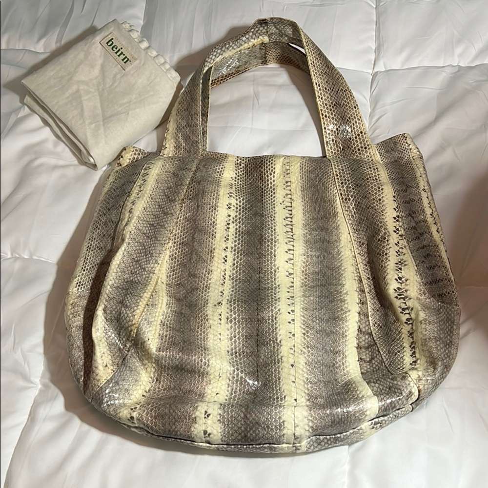 Beirn Snakeskin  Print Leather Tote Bag - Gray and Cream